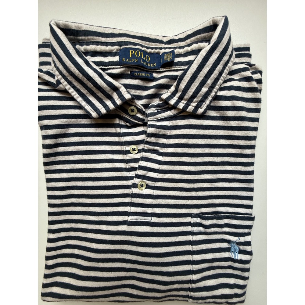 Polo Ralph Lauren Polo Shirt Classic Fit Striped Pocket Mens Large Navy White